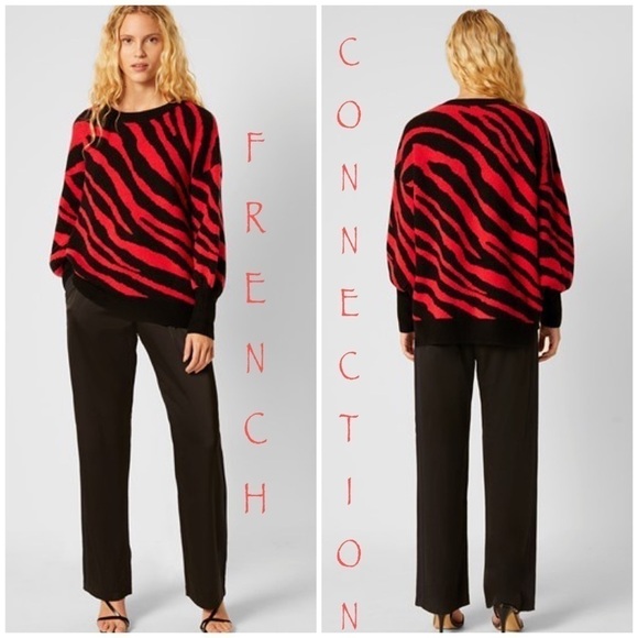 French Connection TIGER JACQUARD CREW NECK SWEATER. Pink and black. Winter warm - Picture 1 of 13
